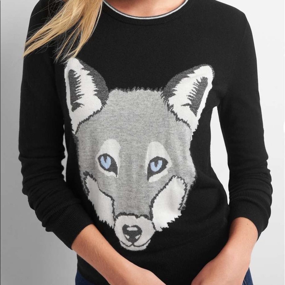 GAP Black Crew Neck Sweater with Gray Fox Face